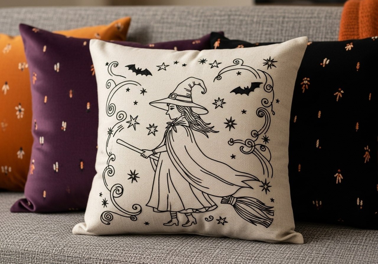 halloween witch Machine Embroidery Design on cusion,pes files instant download