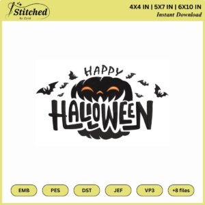 Happy Halloween Embroidery Design | Pumpkin & Bats Machine Embroidery File | Digital Download for Halloween Decor and Clothing