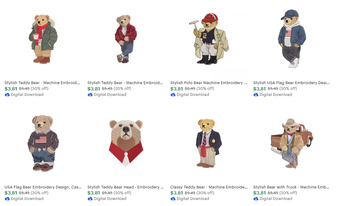 Ralph Lauren style polo teddy bear embroidery designs on sweatshirt